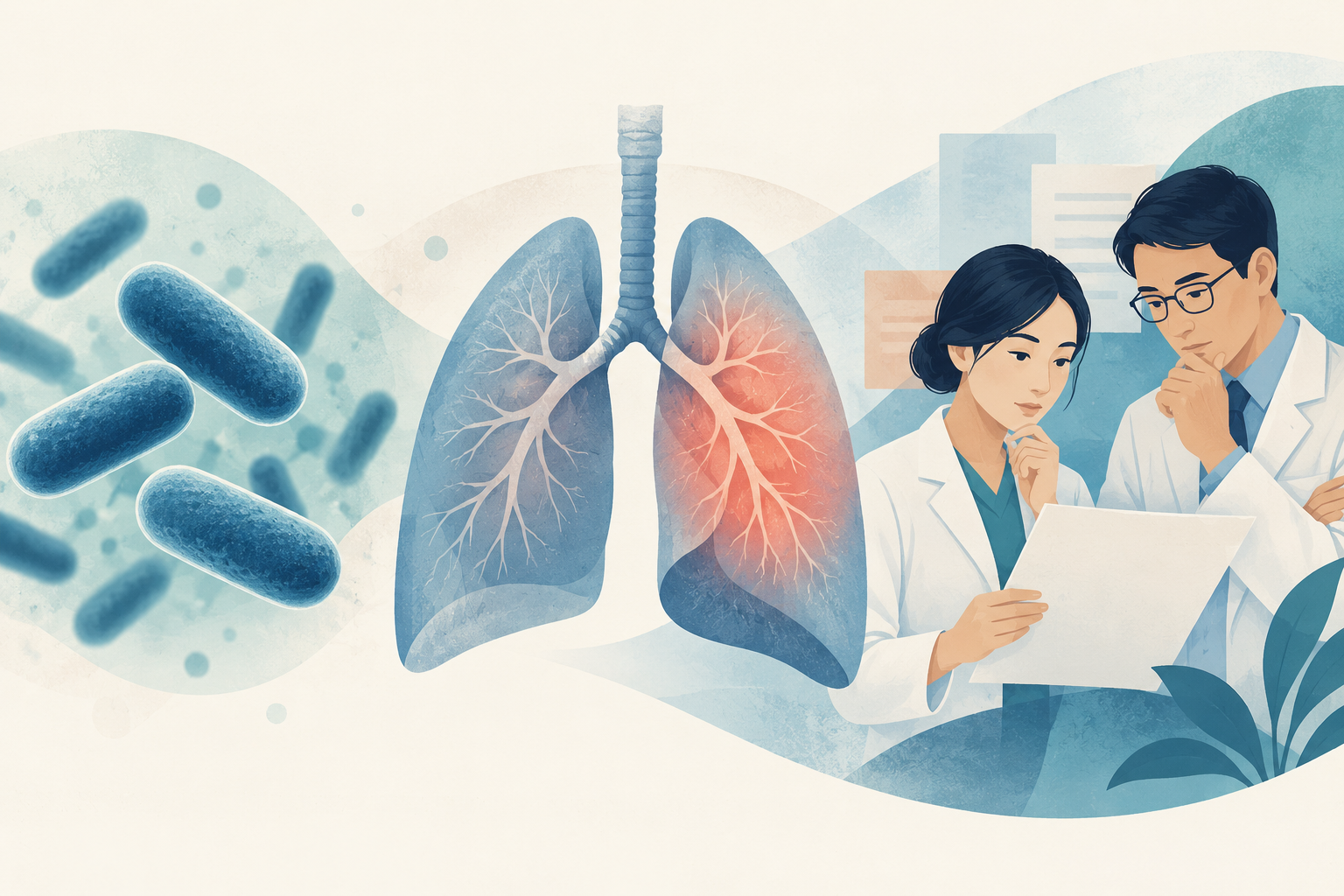 概念插圖:細菌、肺部與研究人員閱讀證據